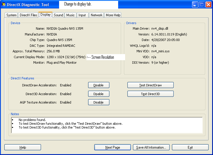 Change tabs to Diplay to see current screen resolution.