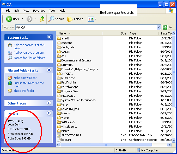 Hard drive space is listed from My Computer then just open your hard drive (C).